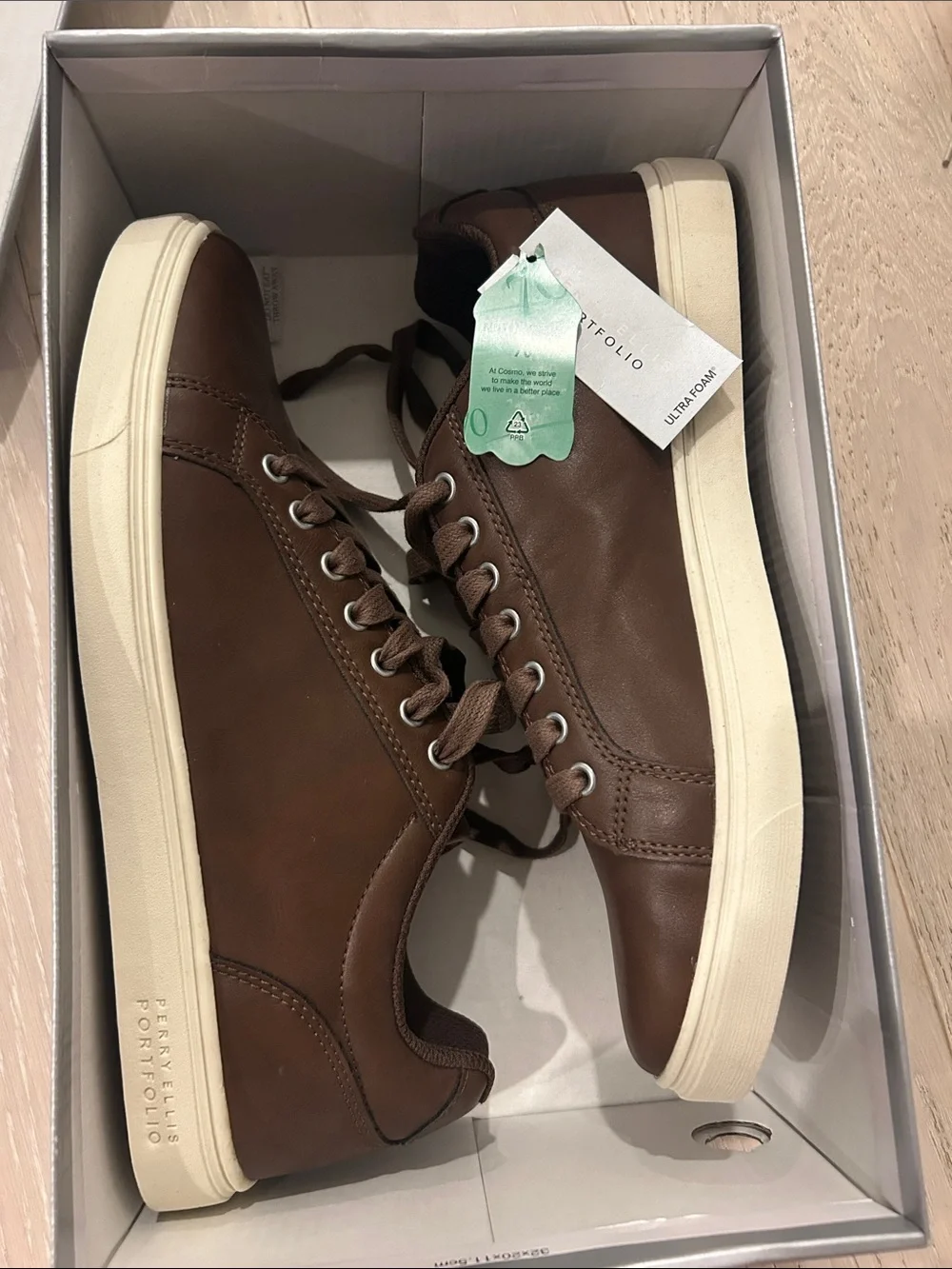 Perry Ellis Men's Brown Leather Low-Profile Sneakers with Cream Sole